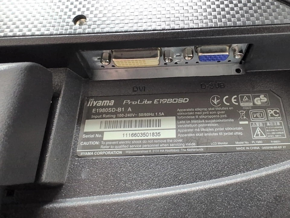 IIYAMA B1980SD 19" SXGA 1280×1024 LCD MONITOR DVI VGA PORT / WITHOUT STAND