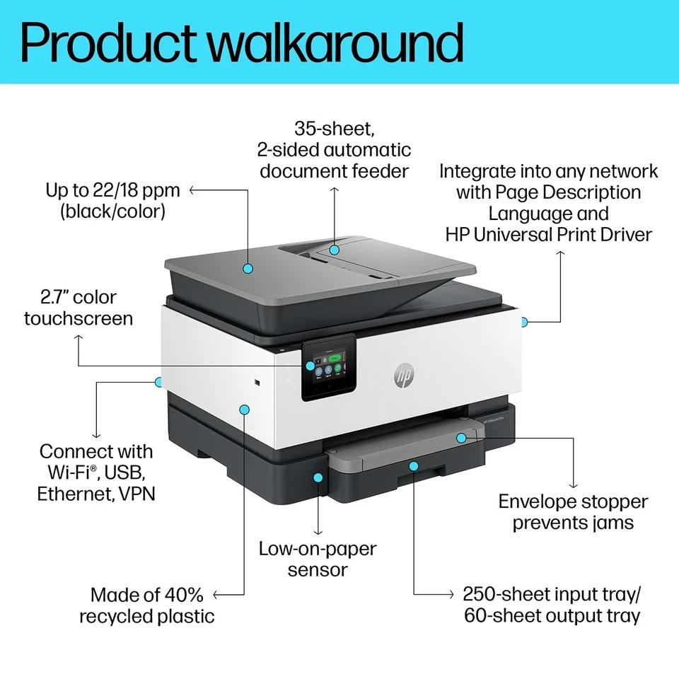 HP OFFICEJET PRO 9120B WIRELESS DUPLEX FAST A4 AIO COLOR MULTIFUNCTION PRINTER    -   VERY GOOD - REFURBISHED